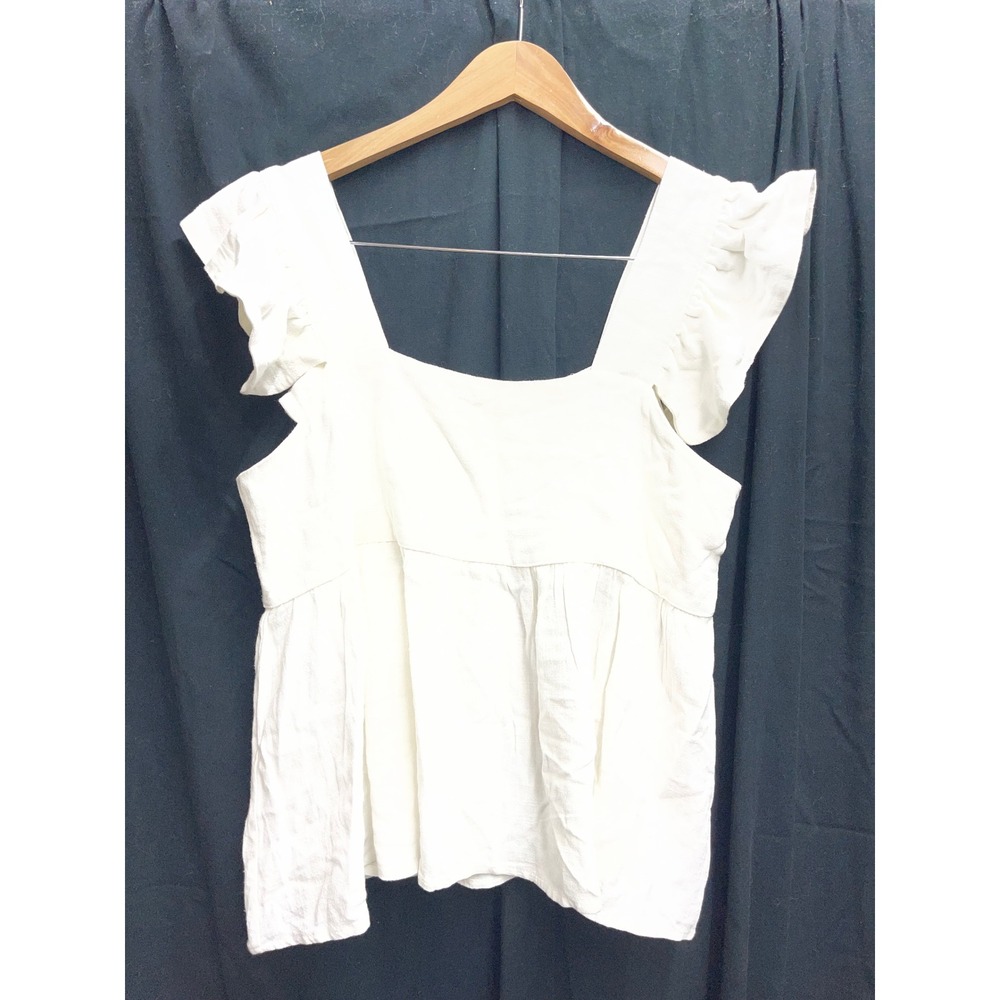 Miou Muse White Linen Cotton Ruffle Sleeve Peplum Blouse Top MMT336 Womens L